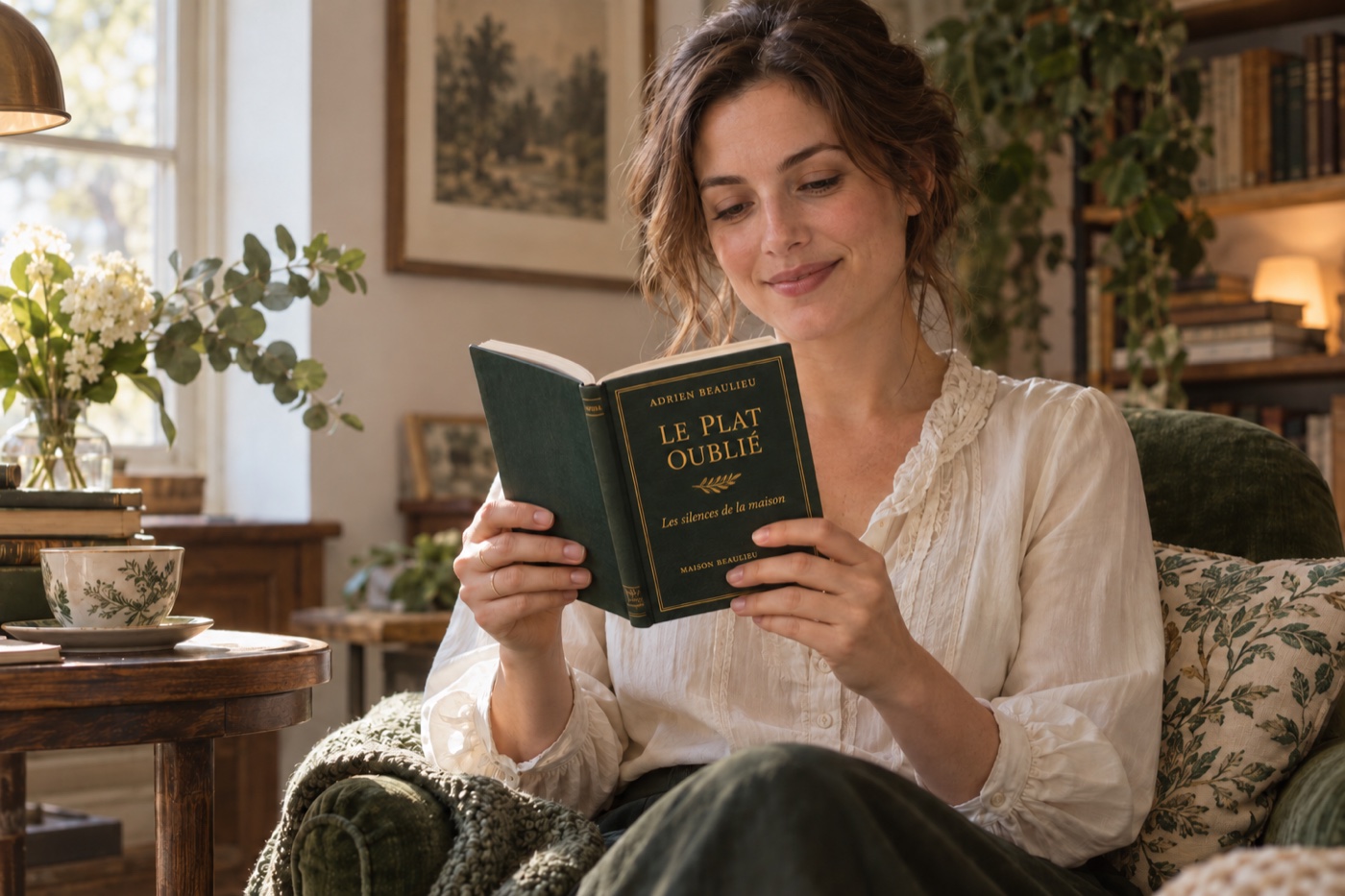 Illustration : Une lectrice savoure un petit livre vert dans un fauteuil