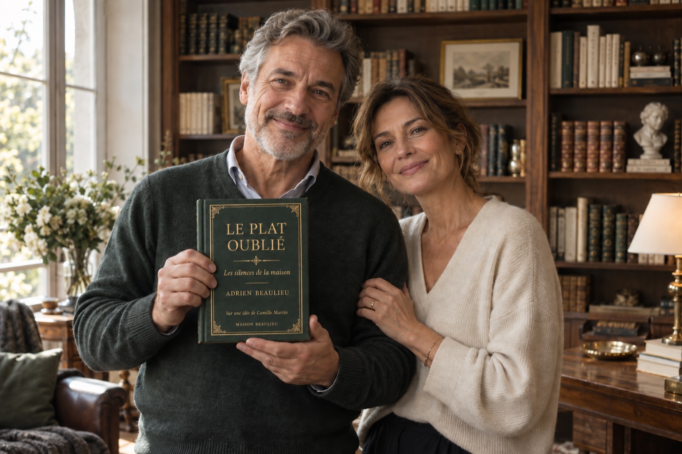 Illustration : un couple heureux de tenir un livre relié dans sa bibliothèque