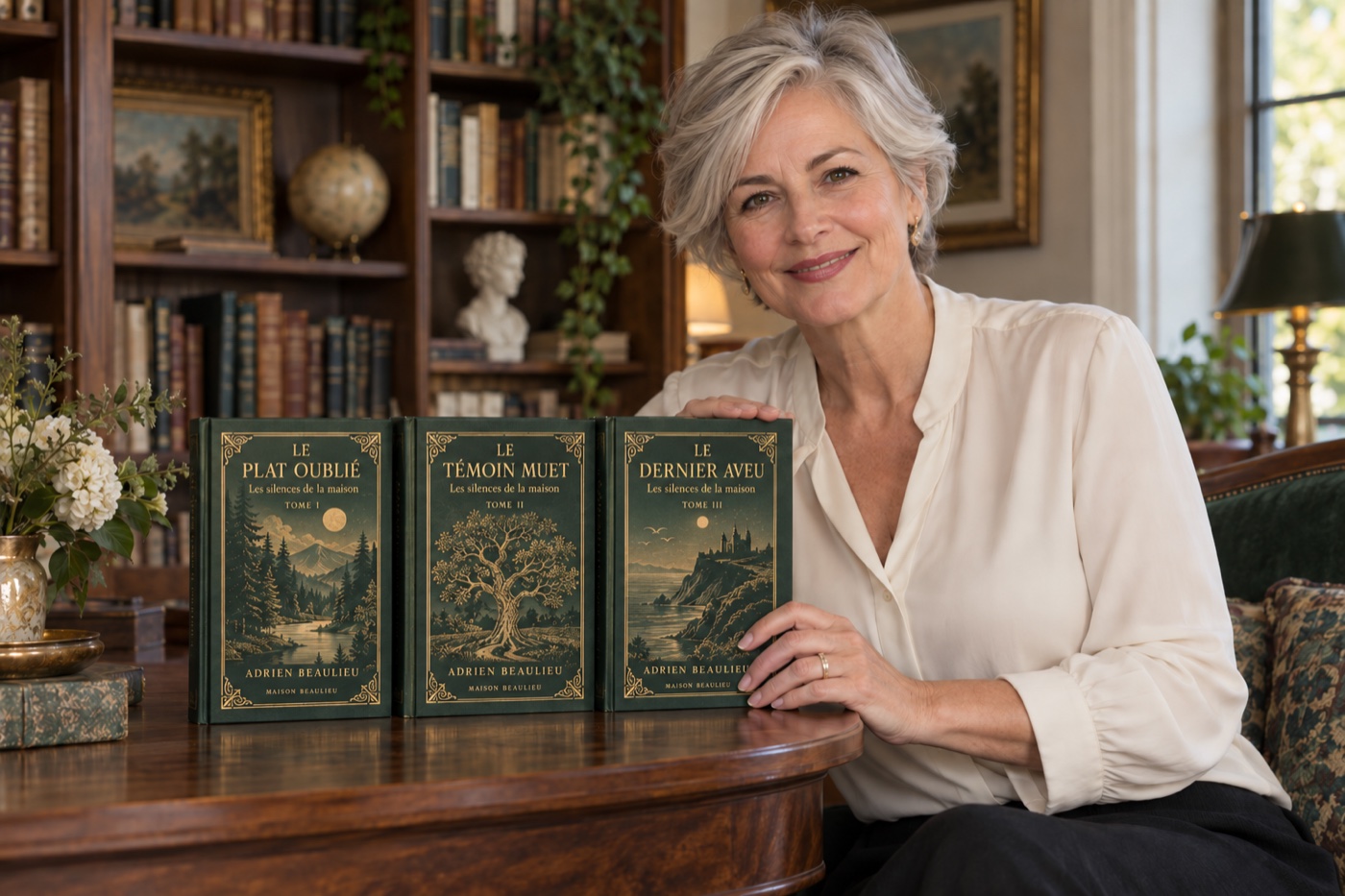 Illustration : Une lectrice présente trois volumes assortis dans sa bibliothèque