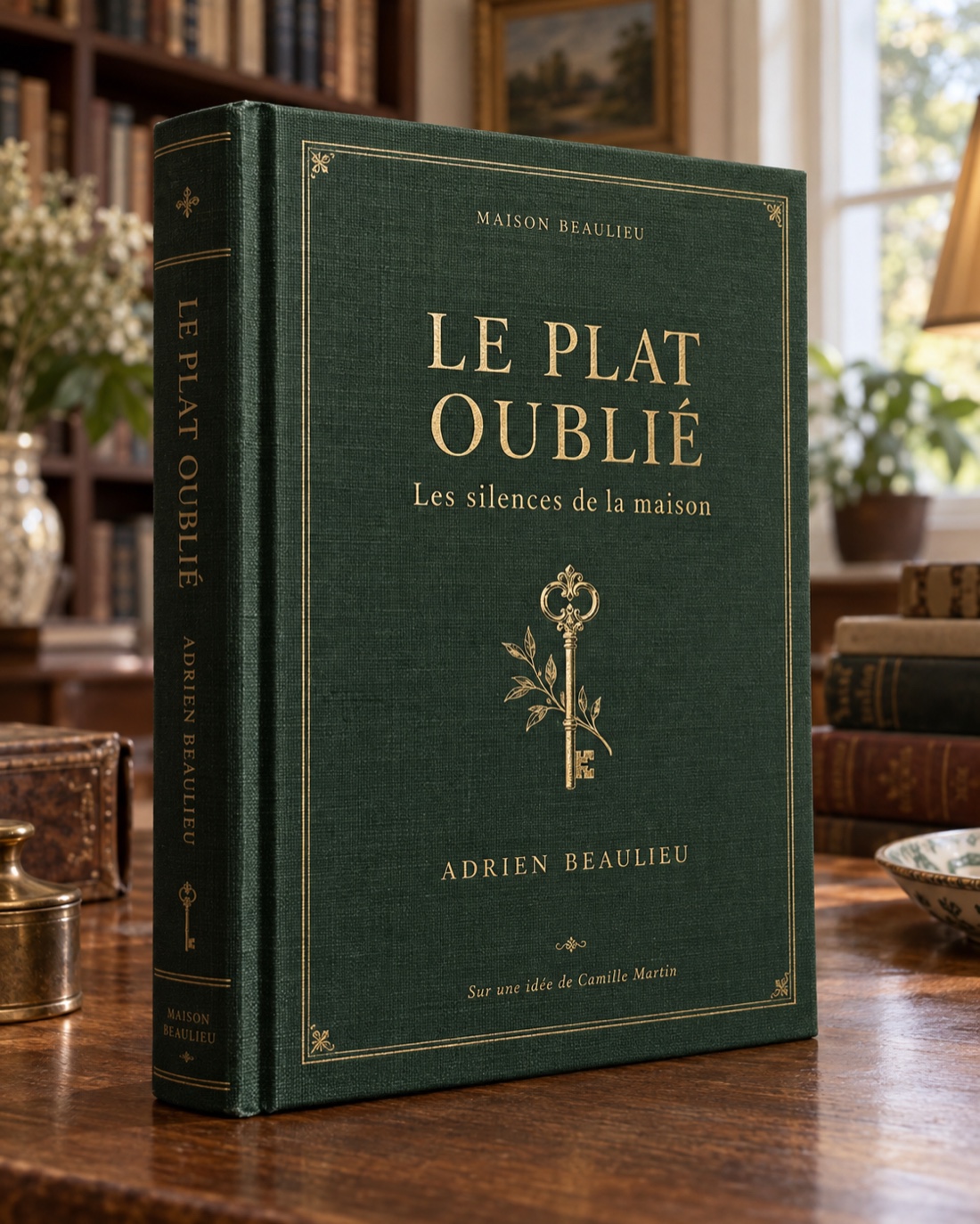 Exemple fictif de couverture : Le Plat oublié, Les silences de la maison, Adrien Beaulieu, sur une idée de Camille Martin