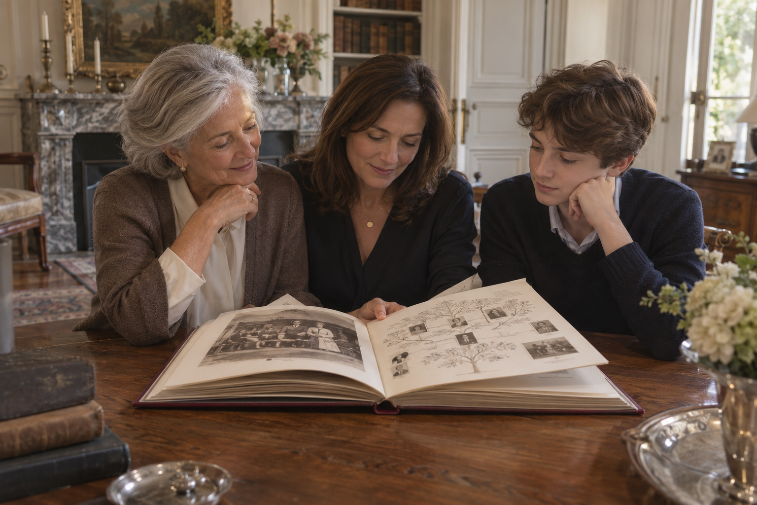 Trois générations réunies autour d’un livre de famille