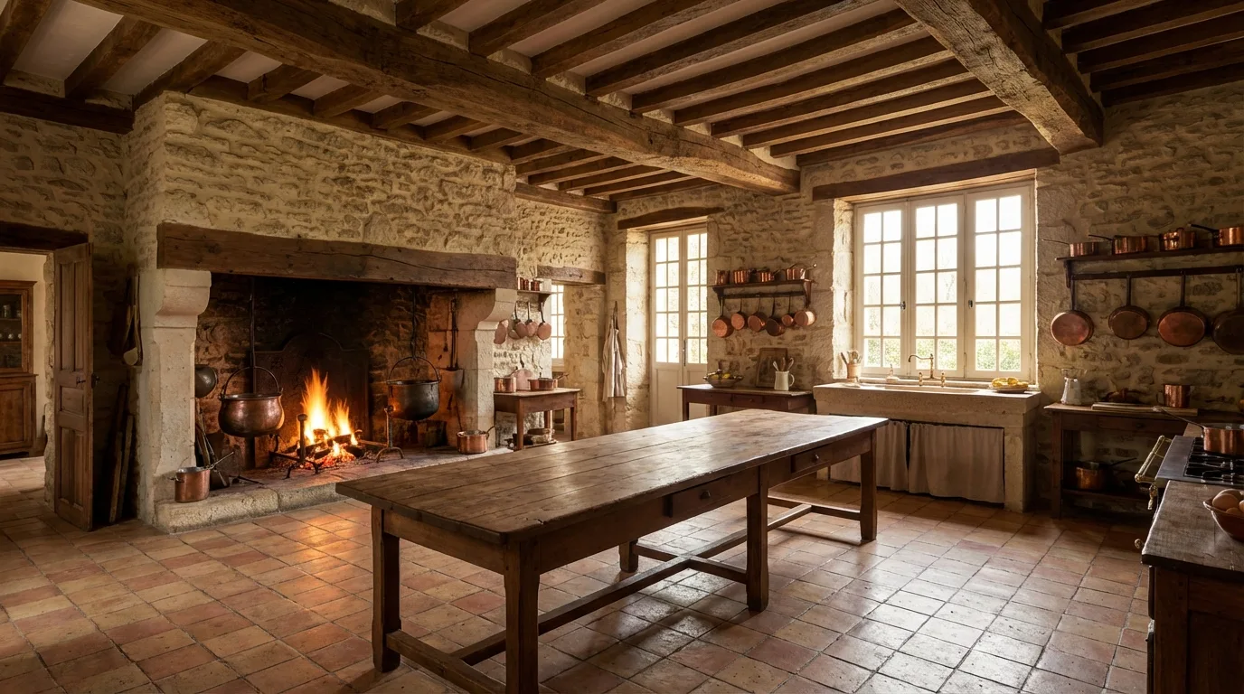 Une cuisine de maison, son foyer et sa table de préparation