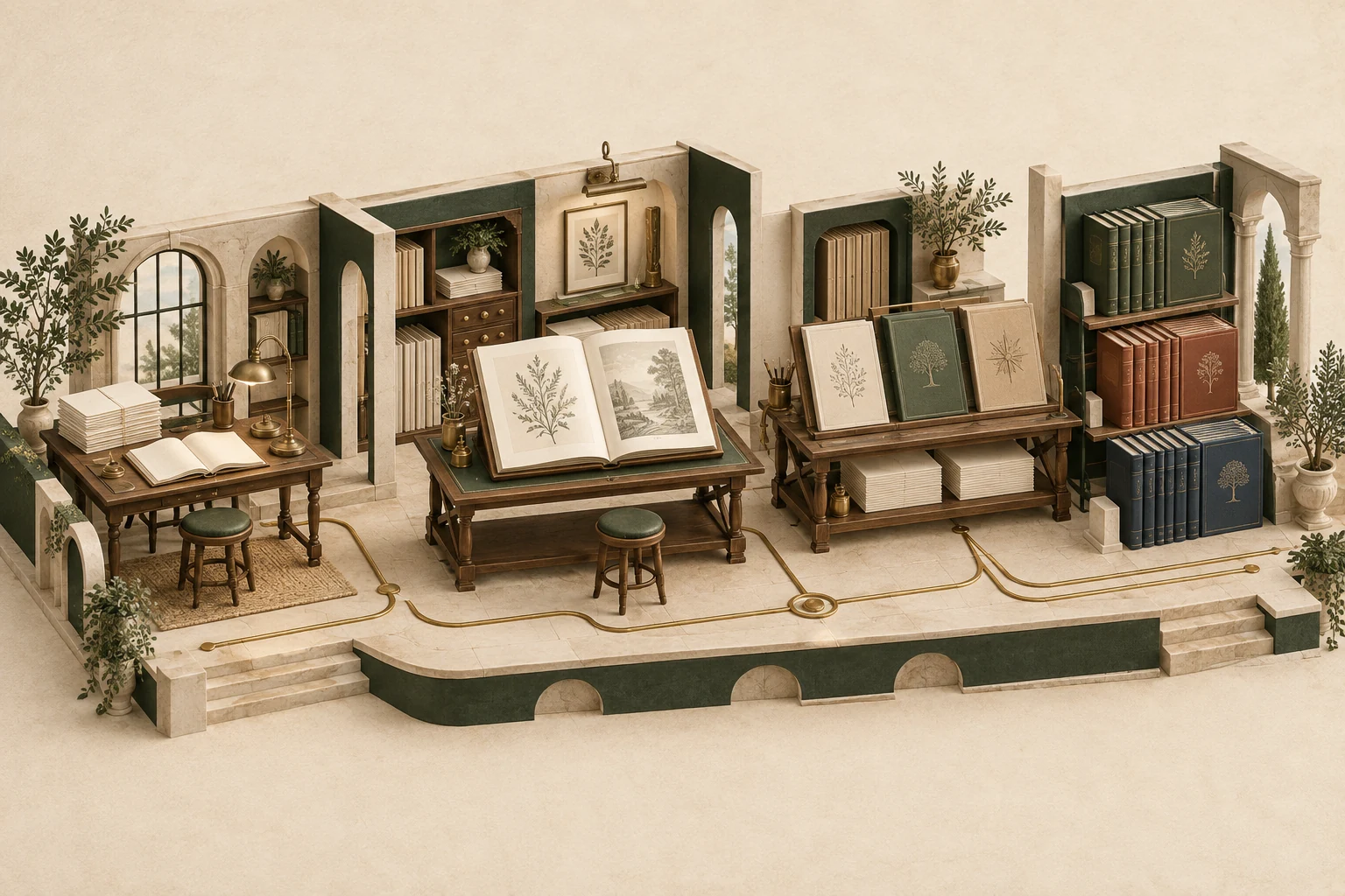 Une manufacture éditoriale miniature : manuscrits, livre ouvert, couvertures et collections reliées par un même parcours.