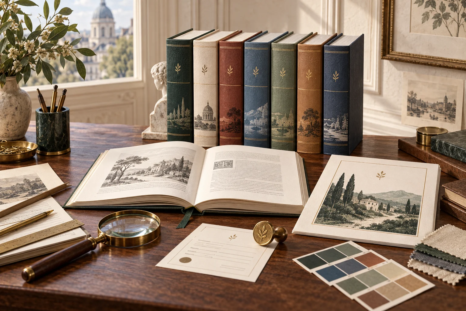 Bureau éditorial avec un livre ouvert, des épreuves, une loupe, un sceau de validation et sept volumes d’une même collection.