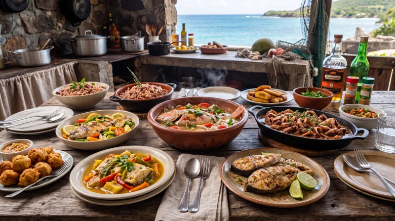 Une table de cuisine antillaise face à la mer, avec poissons, accras et plats créoles
